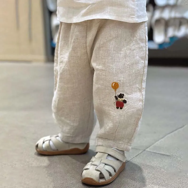 Kids Toddler Boys Girls Casual Versatile Linen Pants High Waist Long Solid Cartoon