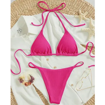 Women Sexy Halter-Neck Lace-Up Bikini Swimsuit Solid Color Retro Wave Point