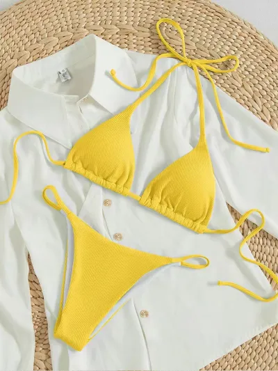 Women Sexy Halter-Neck Lace-Up Bikini Swimsuit Solid Color Retro Wave Point