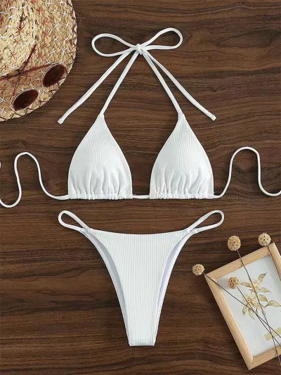 Women Sexy Halter-Neck Lace-Up Bikini Swimsuit Solid Color Retro Wave Point