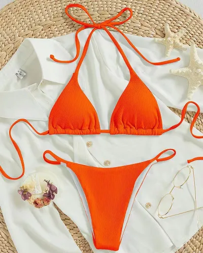 Women Sexy Halter-Neck Lace-Up Bikini Swimsuit Solid Color Retro Wave Point