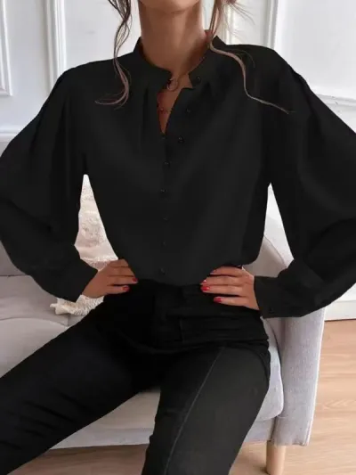 Women Elegant Solid Color Lapel Long Sleeve Single Breasted Blouse