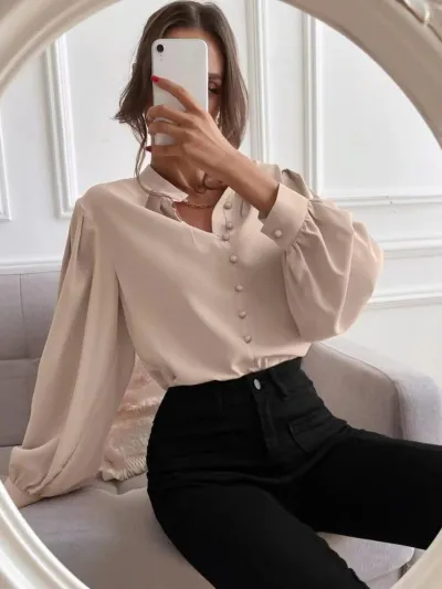 Women Elegant Solid Color Lapel Long Sleeve Single Breasted Blouse