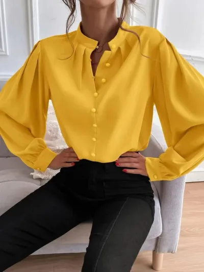 Women Elegant Solid Color Lapel Long Sleeve Single Breasted Blouse