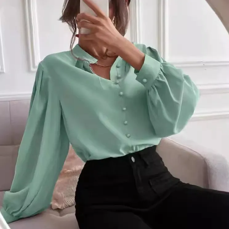 Women Elegant Solid Color Lapel Long Sleeve Single Breasted Blouse