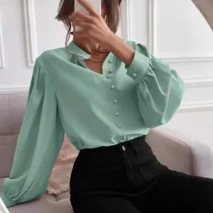 Women Elegant Solid Color Lapel Long Sleeve Single Breasted Blouse
