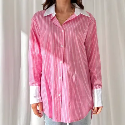 Women Casual Contrast Stripe Lapel Long-Sleeve Loose Blouse
