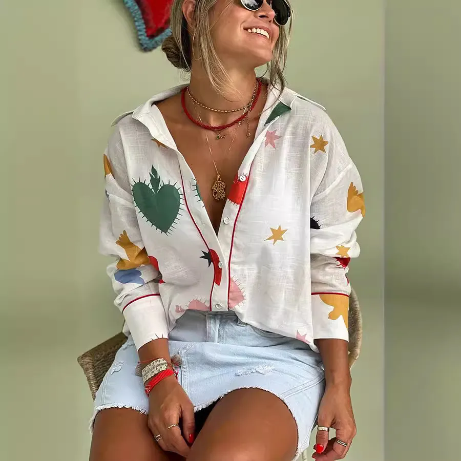 Women Casual Abstract Printed Lapel Long-Sleeve Loose Blouse