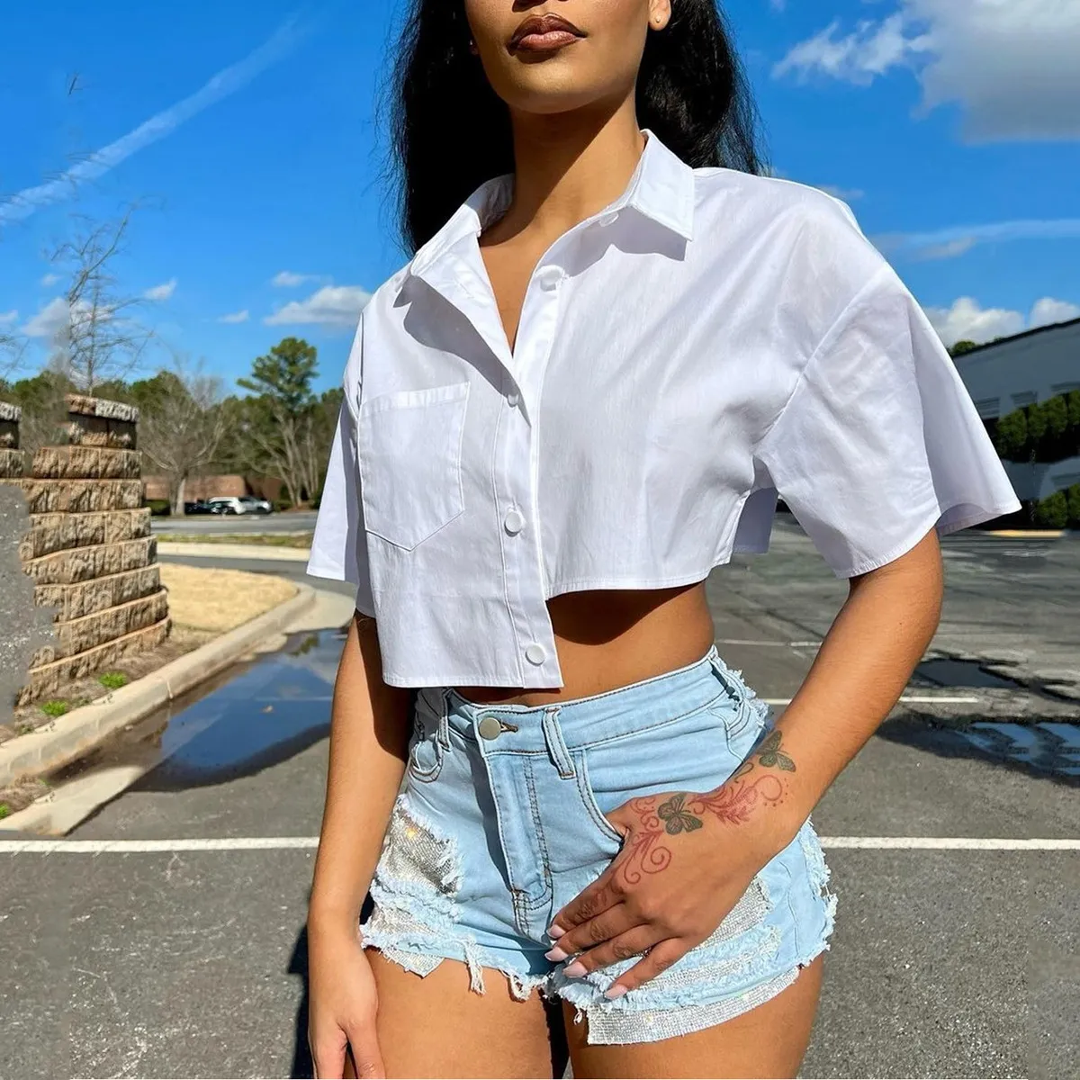 Women Casual Street Hipster Irregular Lapel Short Sleeve Blouse