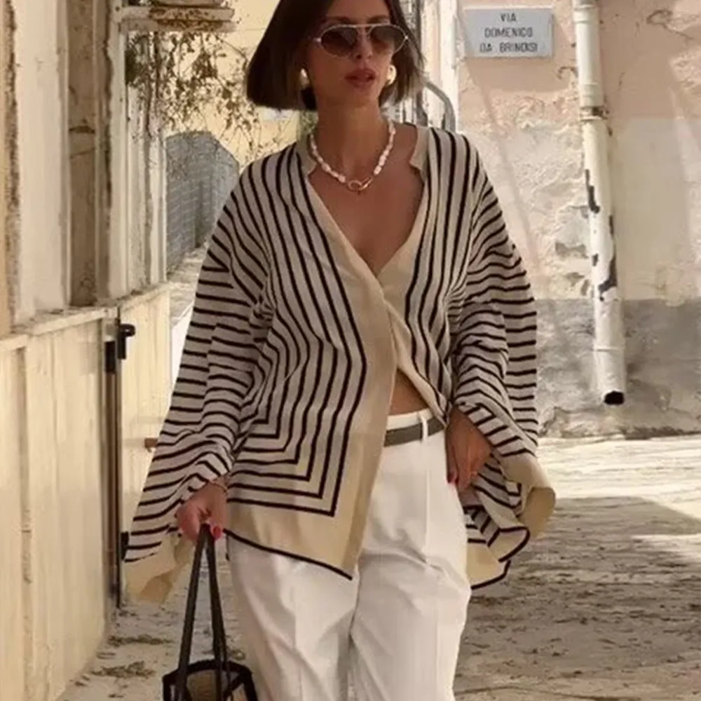 Women Casual Stripe Color Contrast Round Neck Long Sleeve Loose Blouse