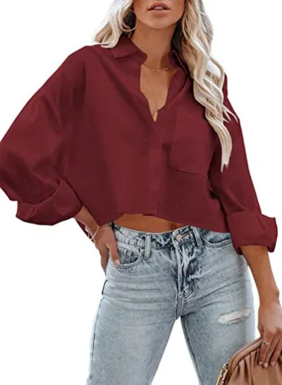 Women Casual Solid Color Lapel Long-Sleeve Button Blouse