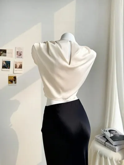 Women Elegant Satin Pleated Short-Sleeve Blouse