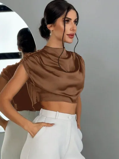 Women Elegant Satin Pleated Short-Sleeve Blouse