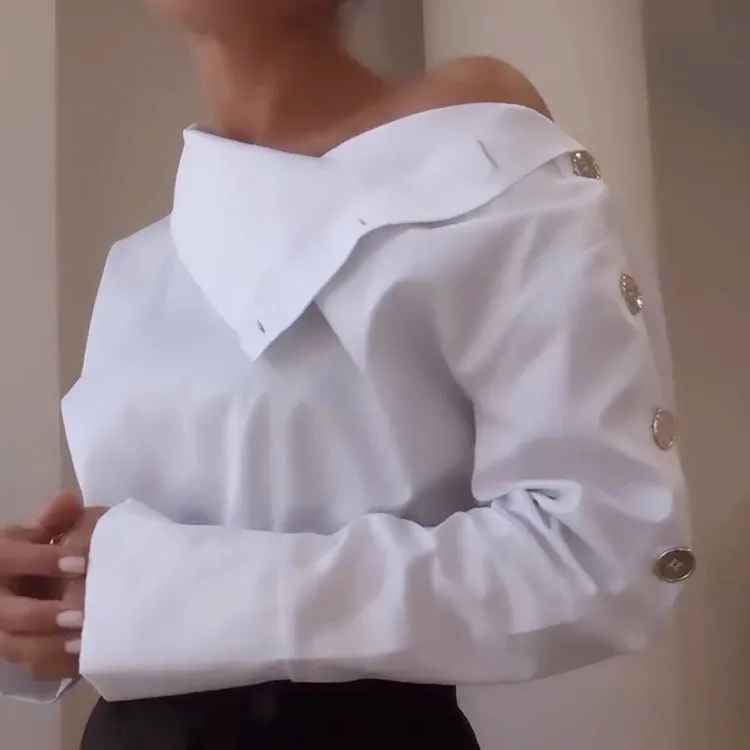 Women Fashion Elegant High Collar Metal Buckle Long-Sleeve Blouse