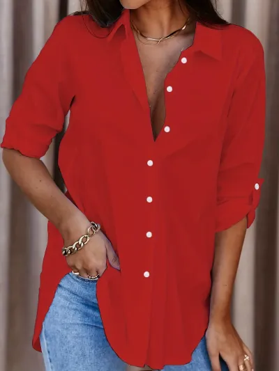 Women Casual Solid Color V-Neck Long Sleeve Blouse