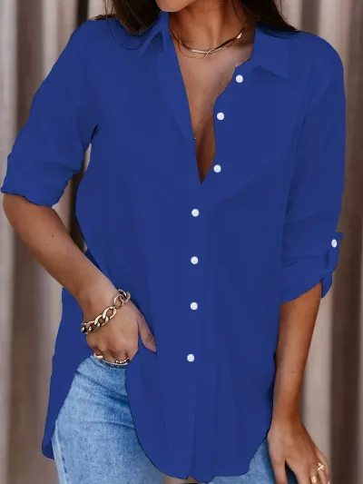 Women Casual Solid Color V-Neck Long Sleeve Blouse