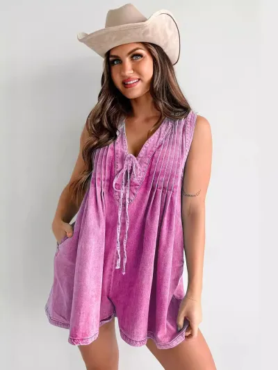 Women Fashion Casual Solid Color V-Neck Sleeveless Loose Denim Rompers