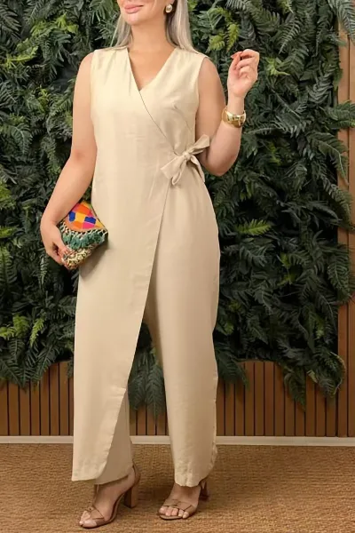 Women Casual Solid Color V-Neck Sleeveless Lace-Up Jumpsuit