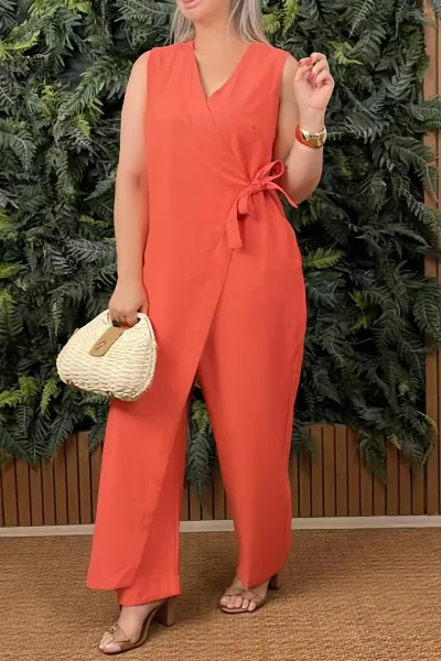 Women Casual Solid Color V-Neck Sleeveless Lace-Up Jumpsuit