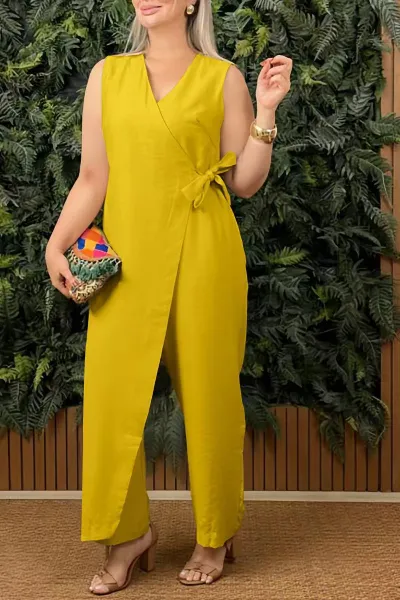 Women Casual Solid Color V-Neck Sleeveless Lace-Up Jumpsuit