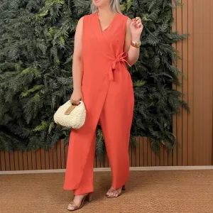 Women Casual Solid Color V-Neck Sleeveless Lace-Up Jumpsuit