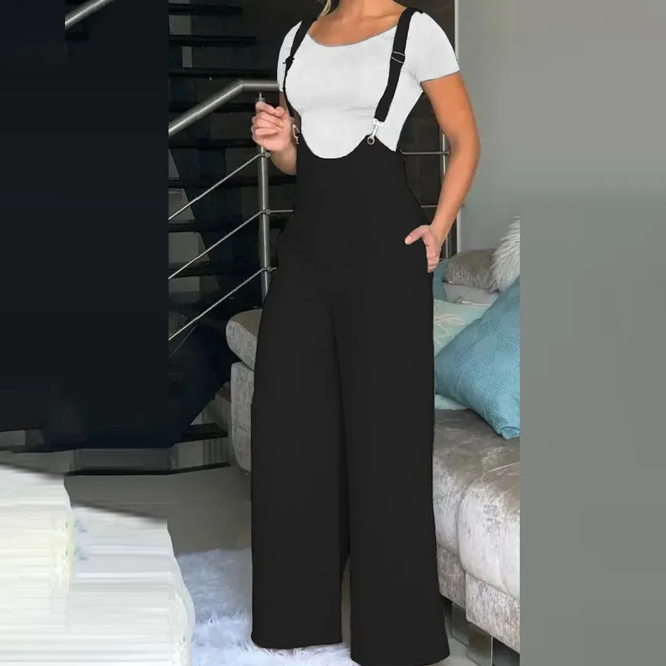 Women Casual Cotton Suspenders Pants Mid-Waist Loose Fit