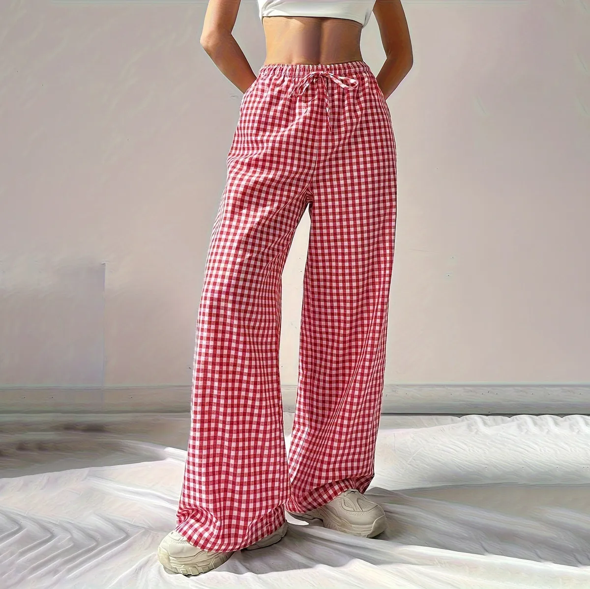 Women Casual Loose Pink Plaid Lace-Up Straight Leg Pants