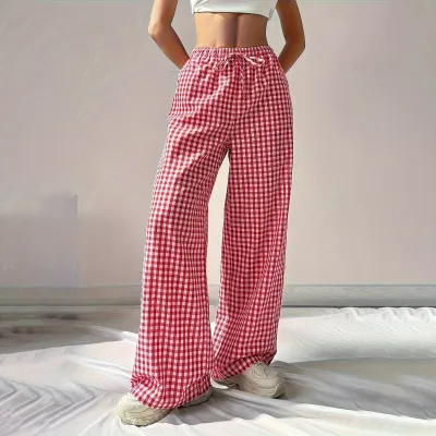 Women Casual Loose Pink Plaid Lace-Up Straight Leg Pants