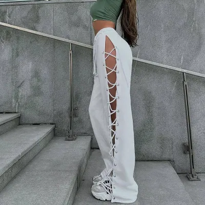 Women Fashion Sexy Side Hollow-Out Strap Wide-Leg Slim Fit Pants