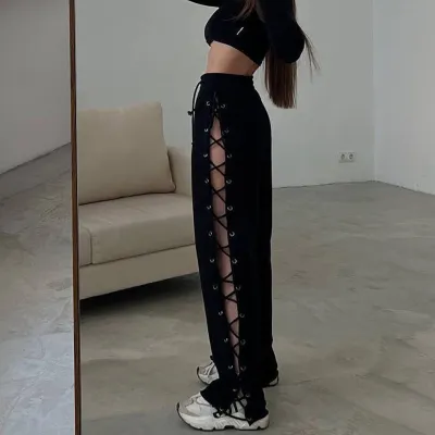 Women Fashion Sexy Side Hollow-Out Strap Wide-Leg Slim Fit Pants