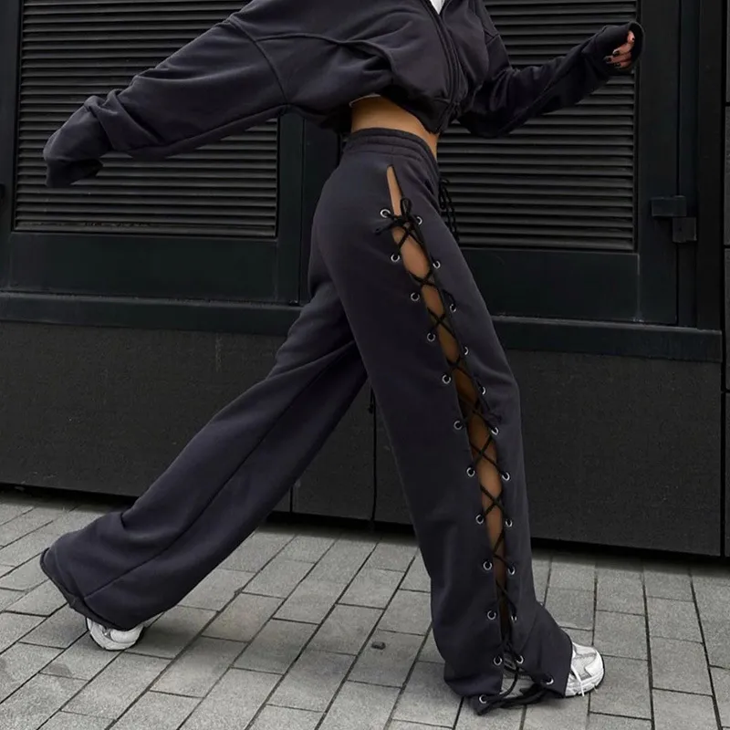 Women Fashion Sexy Side Hollow-Out Strap Wide-Leg Slim Fit Pants
