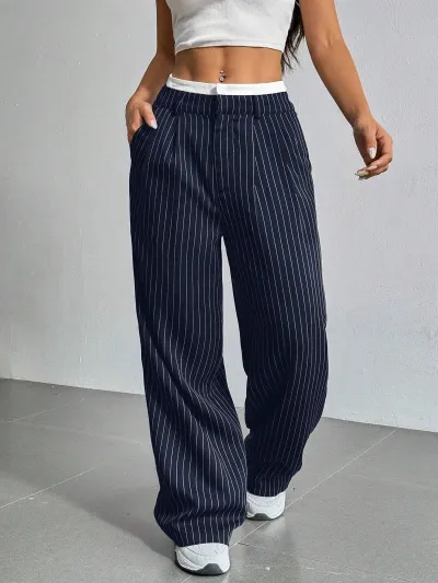 Women Casual Solid Color Stripe High Waist Loose Straight Leg Pants