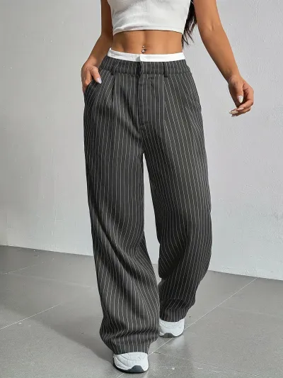 Women Casual Solid Color Stripe High Waist Loose Straight Leg Pants