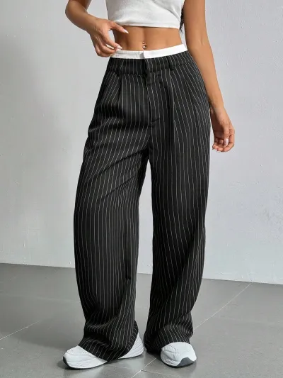 Women Casual Solid Color Stripe High Waist Loose Straight Leg Pants