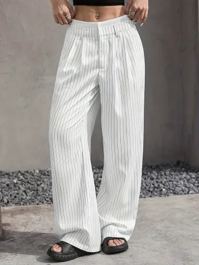Women Casual Solid Color Stripe High Waist Loose Straight Leg Pants