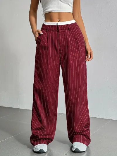 Women Casual Solid Color Stripe High Waist Loose Straight Leg Pants