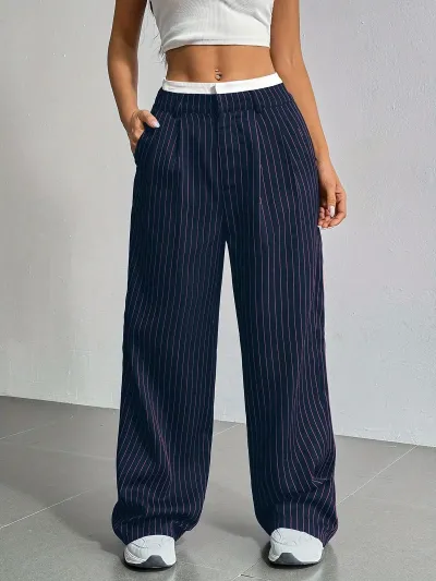 Women Casual Solid Color Stripe High Waist Loose Straight Leg Pants