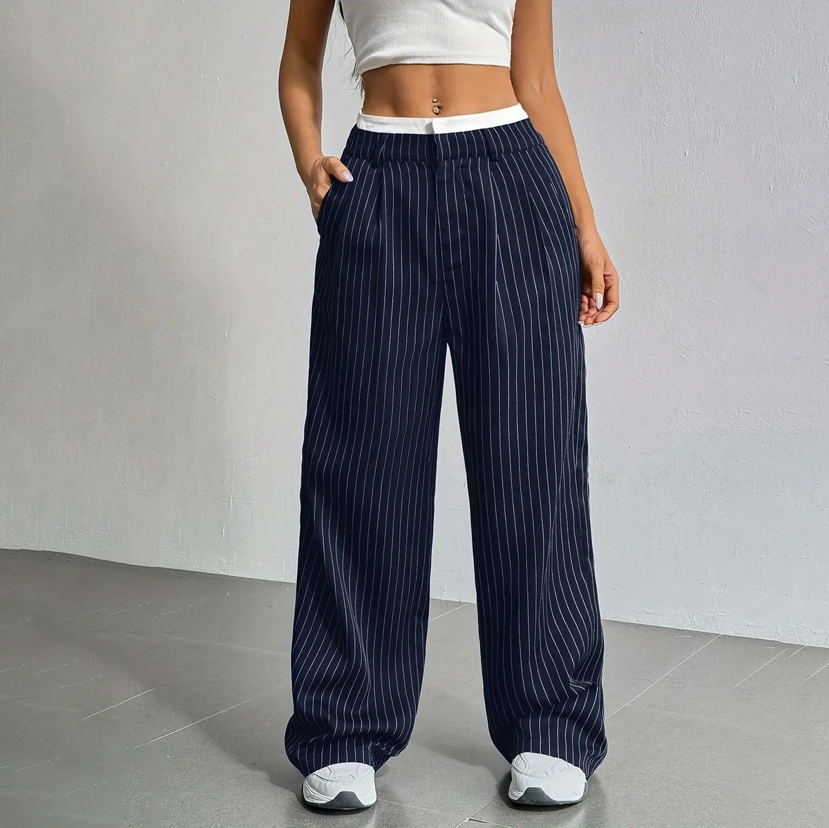 Women Casual Solid Color Stripe High Waist Loose Straight Leg Pants