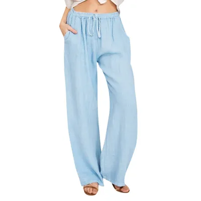 Women Casual Solid Color Linen Wide Leg Drawstring Pants