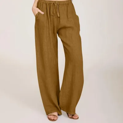 Women Casual Solid Color Linen Wide Leg Drawstring Pants