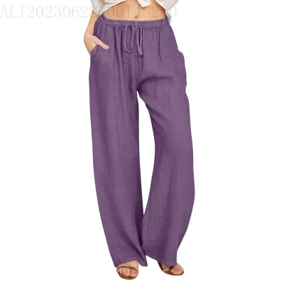 Women Casual Solid Color Linen Wide Leg Drawstring Pants