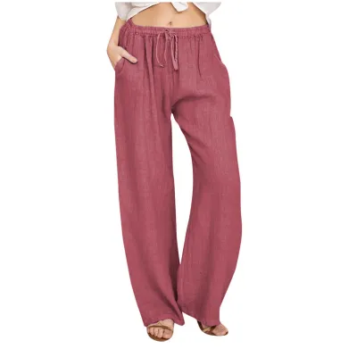 Women Casual Solid Color Linen Wide Leg Drawstring Pants