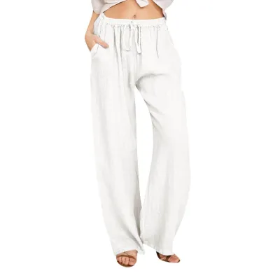 Women Casual Solid Color Linen Wide Leg Drawstring Pants