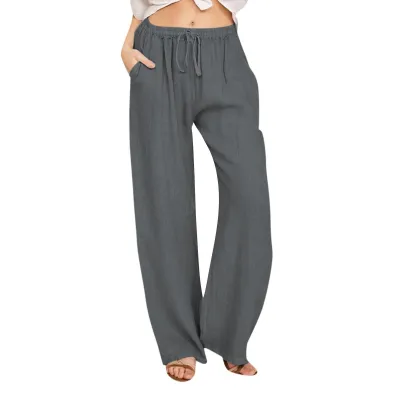 Women Casual Solid Color Linen Wide Leg Drawstring Pants