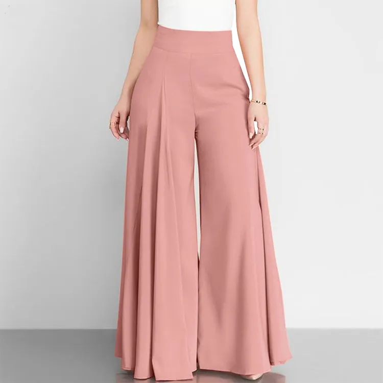 Women Casual Solid Color High Waist Wide Leg Thin Pants