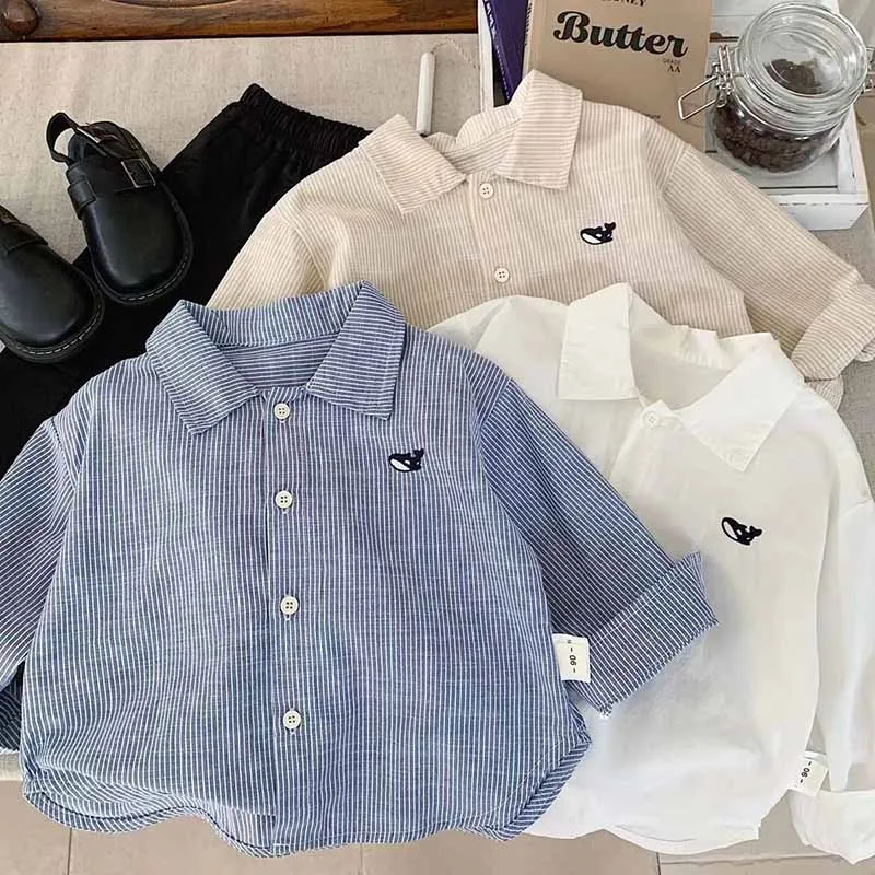 Kids Toddler Boys Girls Casual Versatile Cotton Long Sleeve Lapel Shirt Solid Color