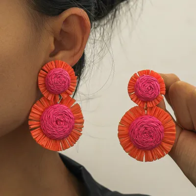 Bohemian Multicolor Raffia Sunflower Earrings Vacation Style