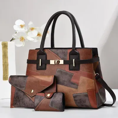Women Fashion Casual Stitching Large-Capacity Handbag Three-Piece Set PU