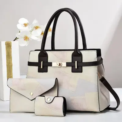 Women Fashion Casual Stitching Large-Capacity Handbag Three-Piece Set PU