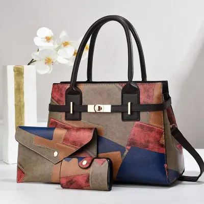 Women Fashion Casual Stitching Large-Capacity Handbag Three-Piece Set PU